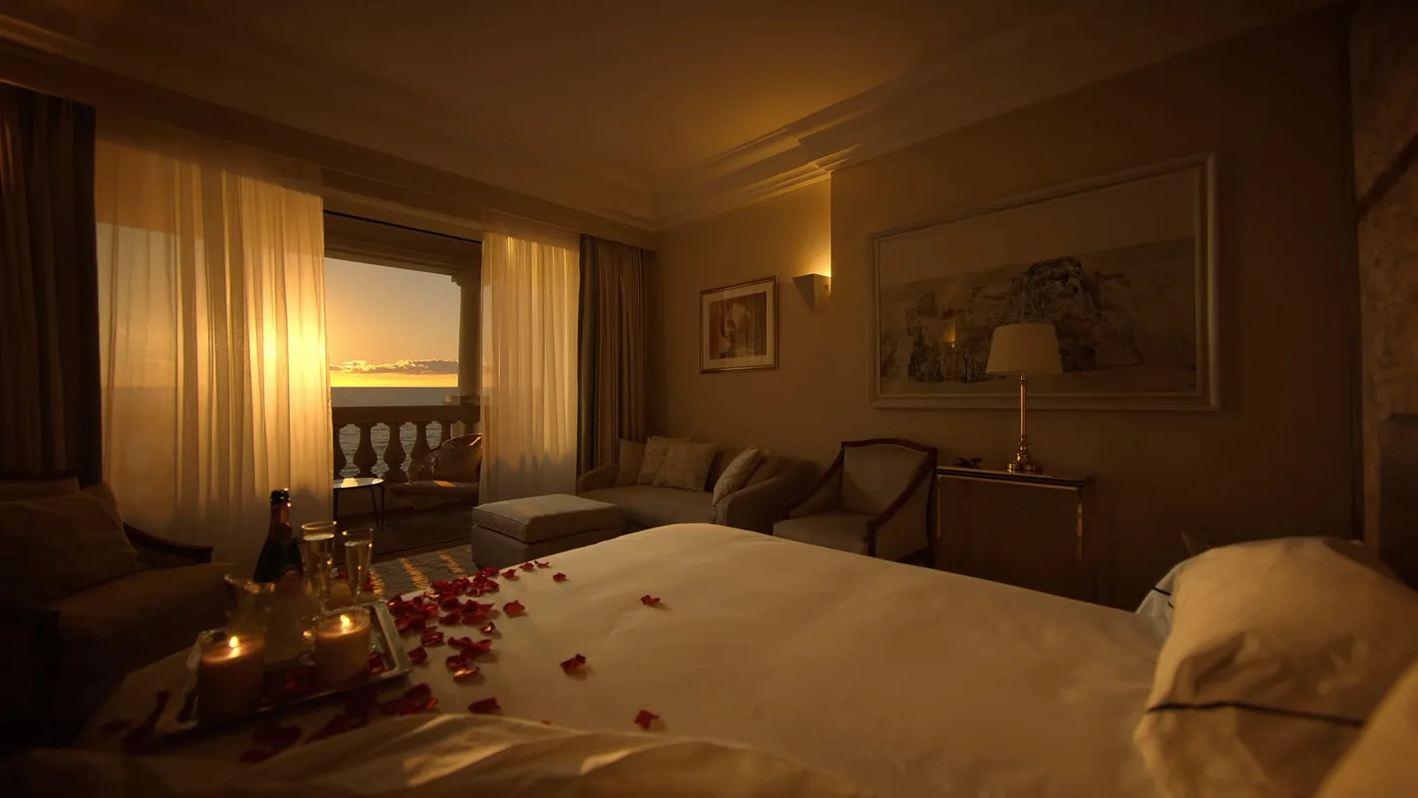 Suíte decorada para lua de mel no Áurea Palace, com pétalas de rosa e vista para o mar